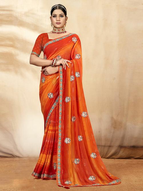 orange embroidered georgette saree with blouse - 20585621 - Very Small Image - 1