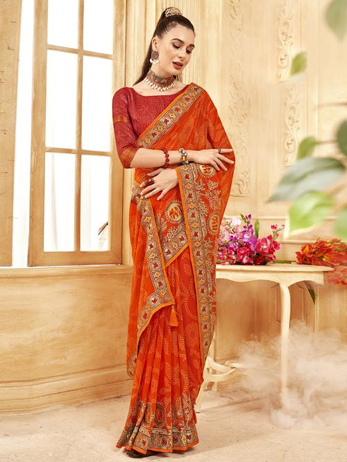 orange floral print embroidered georgette saree - 20585633 - Very Small Image - 1
