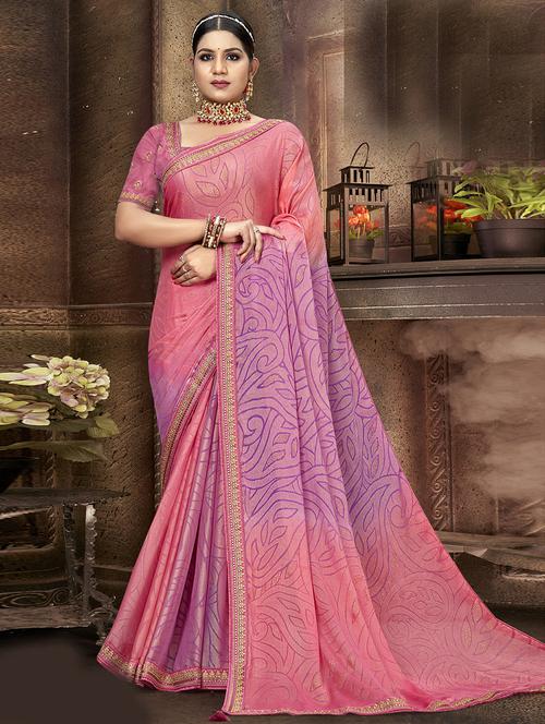 pink bordered printed saree with blouse - 20585643 - Very Small Image - 1