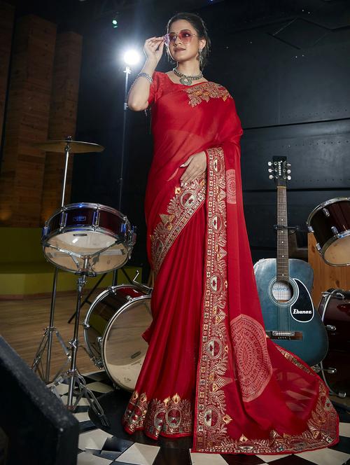 red embroidered saree with blouse - 20585645 - Very Small Image - 1