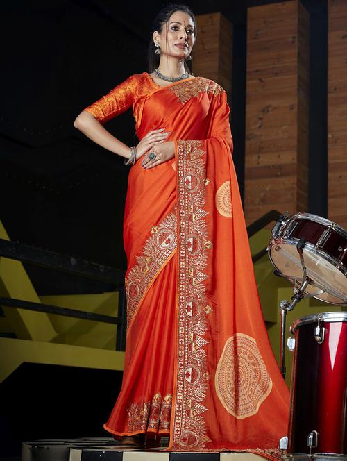 orange embroidered chiffon saree with blouse - 20585649 - Very Small Image - 1