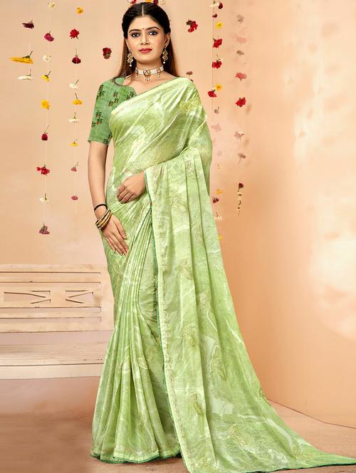 green embroidered work printed saree with blouse - 20585654 - Very Small Image - 1
