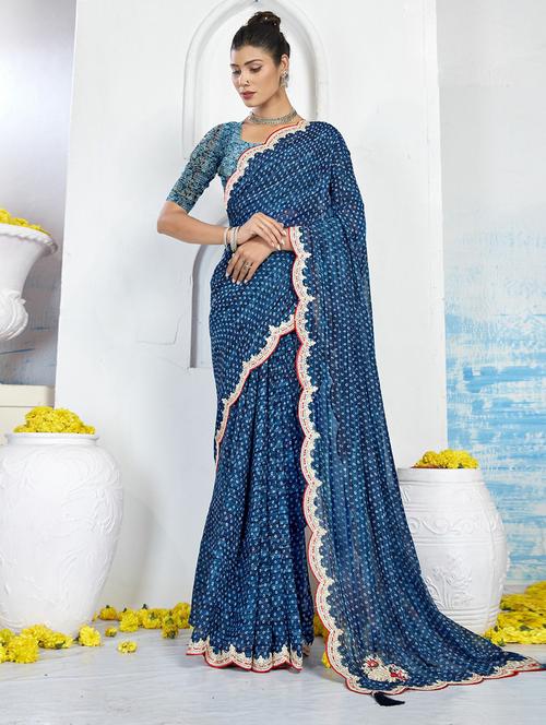blue embroidered border bandhani saree with blouse - 20585675 - Very Small Image - 1