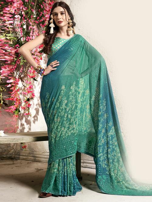 teal printed saree with blouse - 20585677 - Very Small Image - 1