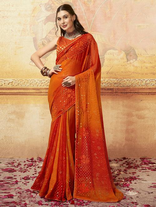 orange printed saree with blouse - 20585681 - Very Small Image - 1