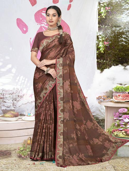 brown floral printed saree - 20585730 - Very Small Image - 1