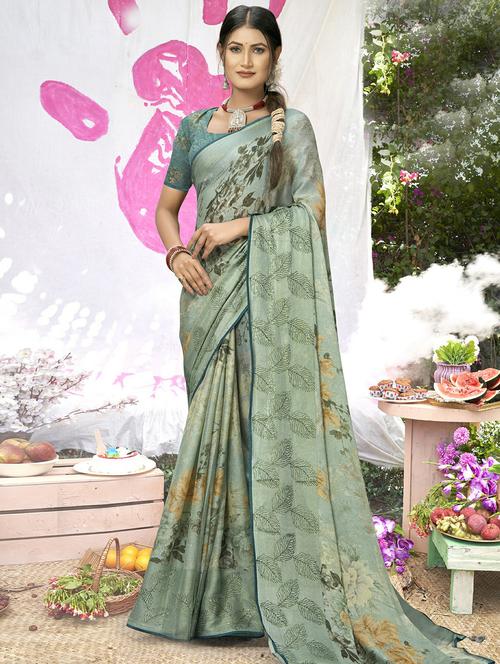green floral printed saree - 20585744 - Very Small Image - 1