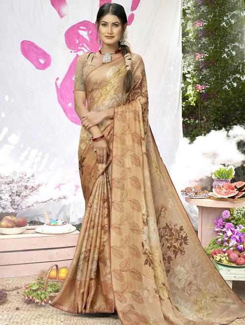 beige floral printed saree with blouse - 20585745 - Very Small Image - 1