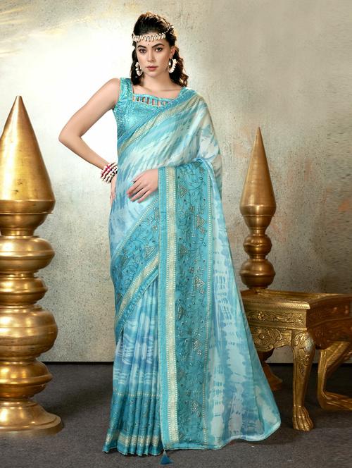 light blue printed saree with blouse - 20585778 - Very Small Image - 1