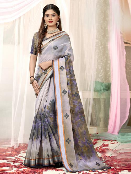 grey organza printed saree with blouse - 20585783 - Very Small Image - 1