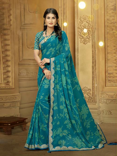 teal floral printed saree - 20585787 - Very Small Image - 1