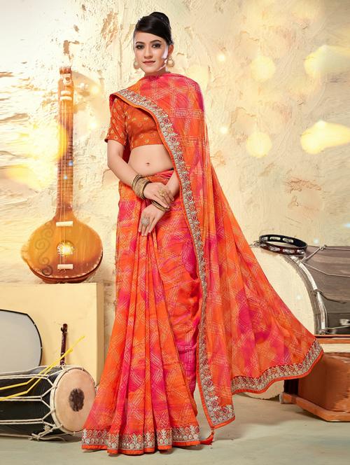 orange georgette printed saree with blouse - 20585800 - Very Small Image - 1