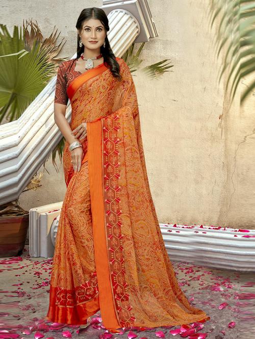 orange chiffon printed saree - 20585806 - Very Small Image - 1