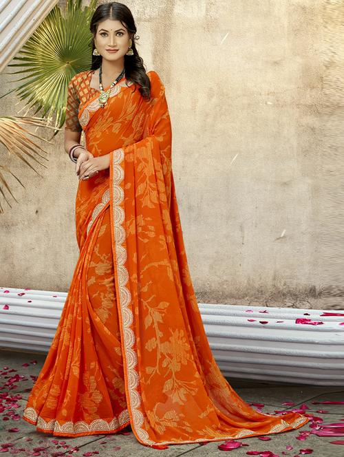 women orange printed lace work saree - 20585837 - Very Small Image - 1