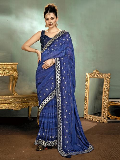 women blue sequin work embroidered saree with blouse - 20585840 - Very Small Image - 1