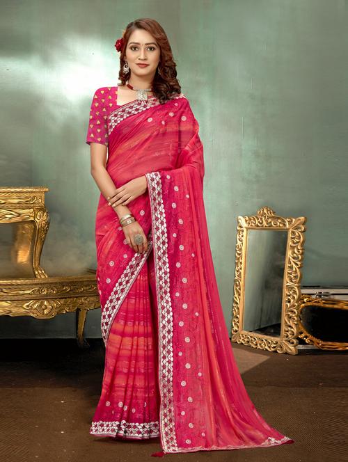 women pink sequin work embroidered saree with blouse - 20585843 - Very Small Image - 1