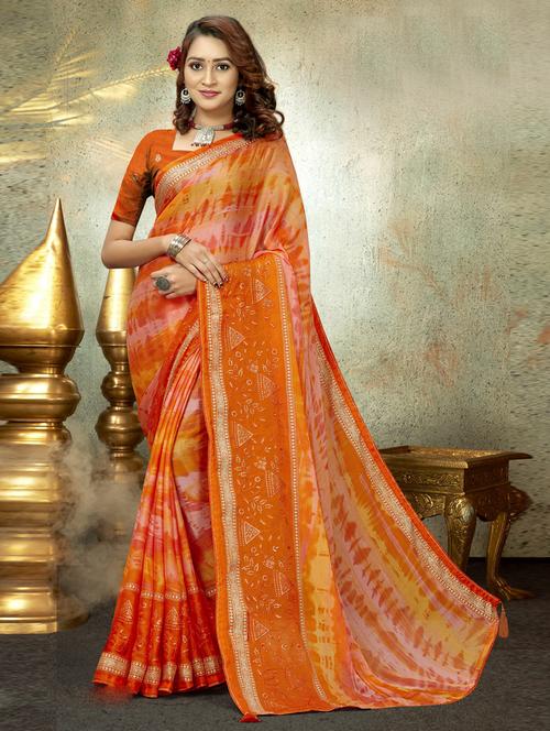 orange chiffon printed saree with blouse - 20585855 - Very Small Image - 1