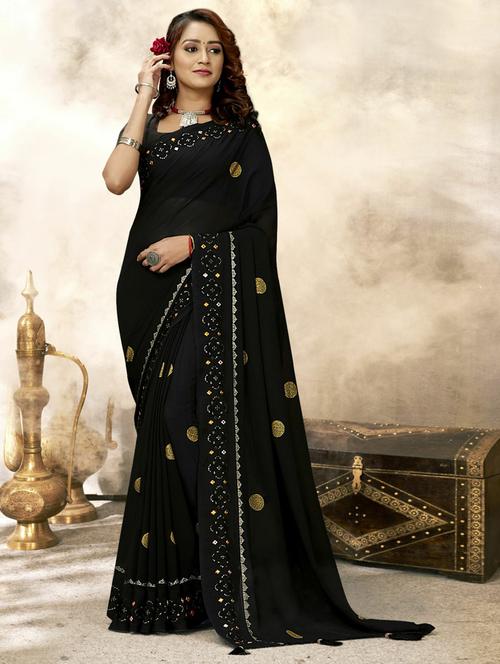 women black georgette bordered saree with blouse - 20585861 - Very Small Image - 1