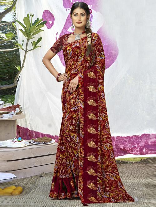 maroon georgette printed saree - 20585899 - Very Small Image - 1