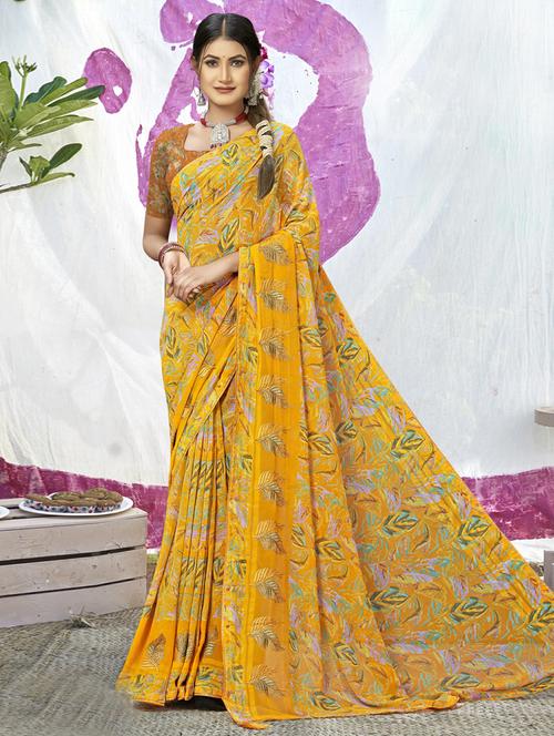 yellow georgette printed saree - 20585901 - Very Small Image - 1