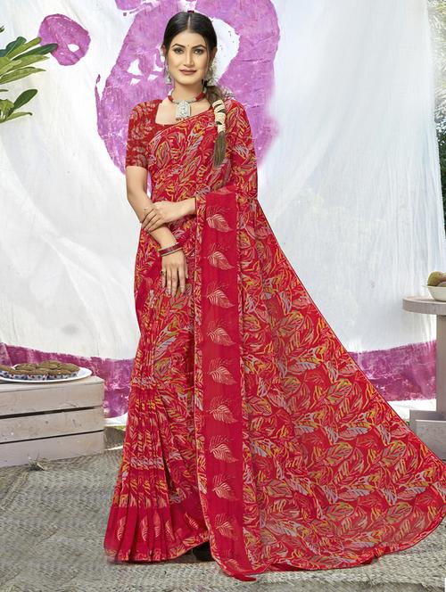 red georgette printed saree - 20585902 - Very Small Image - 1