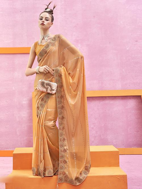 women orange bordered georgette saree with blouse - 20585932 - Very Small Image - 1