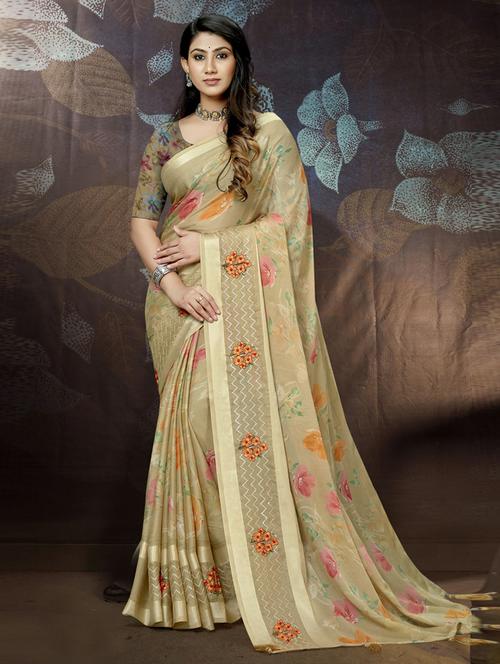 women beige floral printed embroidered saree with blouse - 20585956 - Very Small Image - 1