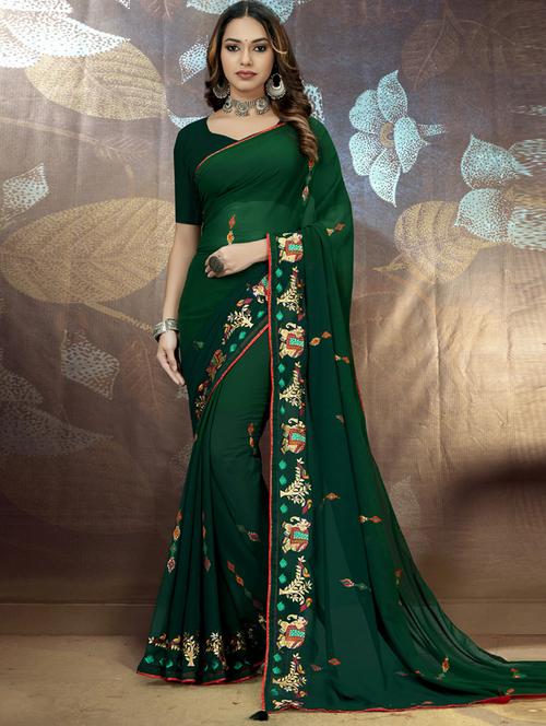 women green embroidered saree with blouse - 20585966 - Very Small Image - 1