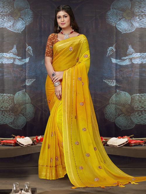 yellow chiffon printed saree with blouse - 20585976 - Very Small Image - 1