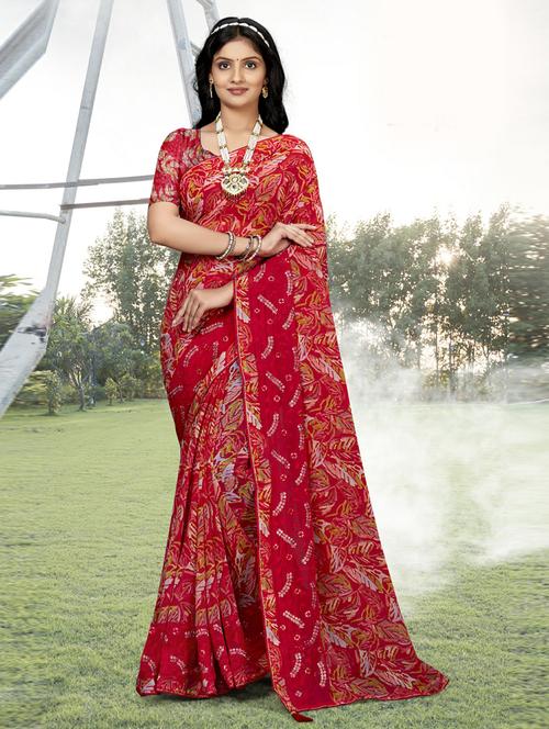 red georgette printed saree - 20585982 - Very Small Image - 1