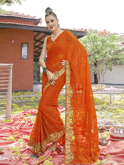 orange georgette printed saree - 20585991 - Very Small Image - 1