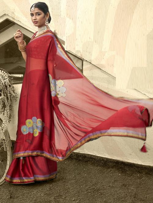 red chiffon printed saree with blouse - 20586074 - Very Small Image - 1