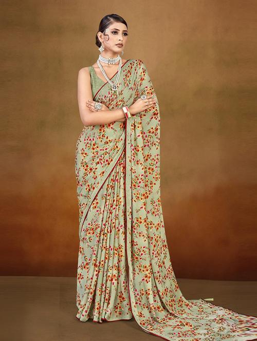 green georgette printed saree with blouse - 20586081 - Very Small Image - 1