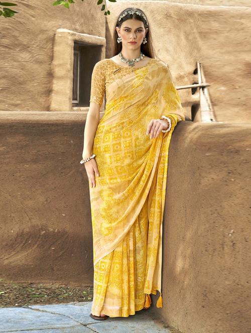 yellow georgette printed saree with blouse - 20586084 - Very Small Image - 1