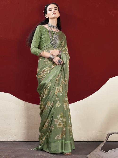 women's floral green colored saree with blouse - 20586091 - Very Small Image - 1