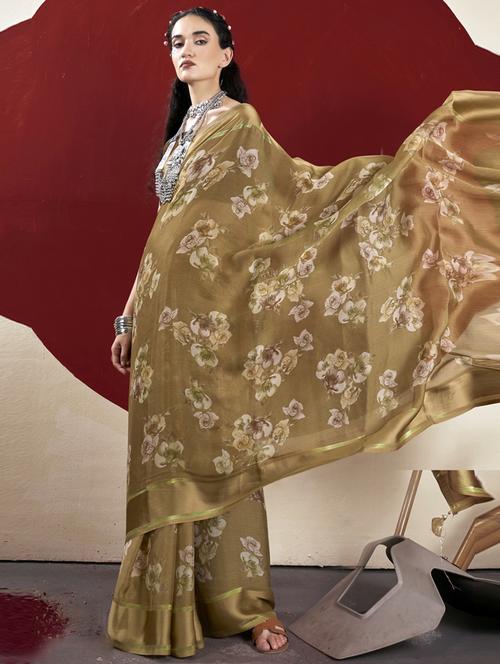 women's floral olive colored saree with blouse - 20586093 - Very Small Image - 1