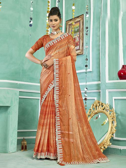 orange chiffon embroidered saree with blouse - 20586115 - Very Small Image - 1