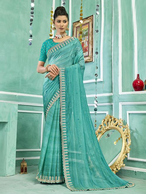 turquoise chiffon embroidered saree - 20586117 - Very Small Image - 1