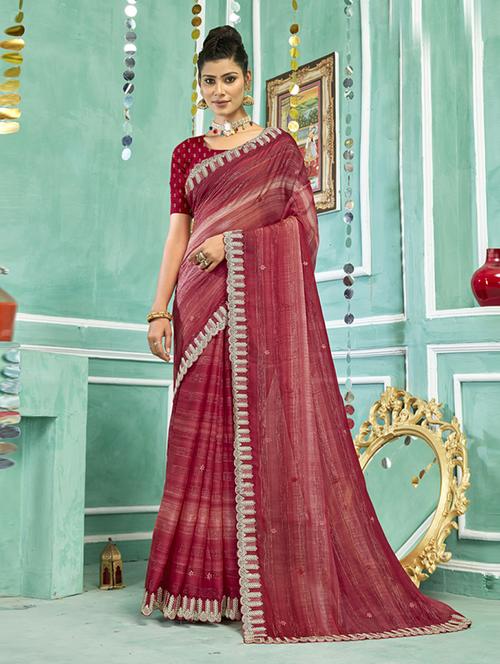 red chiffon embroidered saree with blouse - 20586119 - Very Small Image - 1