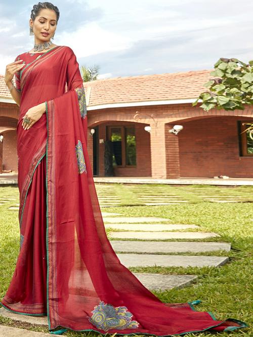 red chiffon printed saree with blouse - 20586122 - Very Small Image - 1