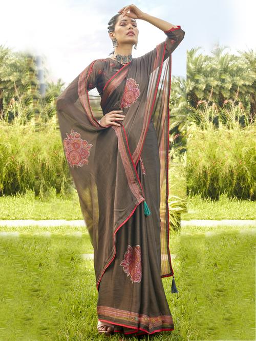 brown chiffon printed saree with blouse - 20586128 - Very Small Image - 1