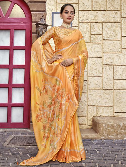 orange chiffon printed saree with blouse - 20586160 - Very Small Image - 1