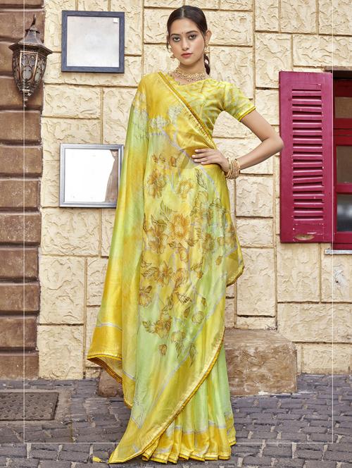 yellow chiffon printed saree with blouse - 20586166 - Very Small Image - 1