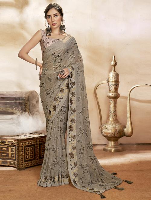 grey georgette printed saree with blouse - 20586169 - Very Small Image - 1