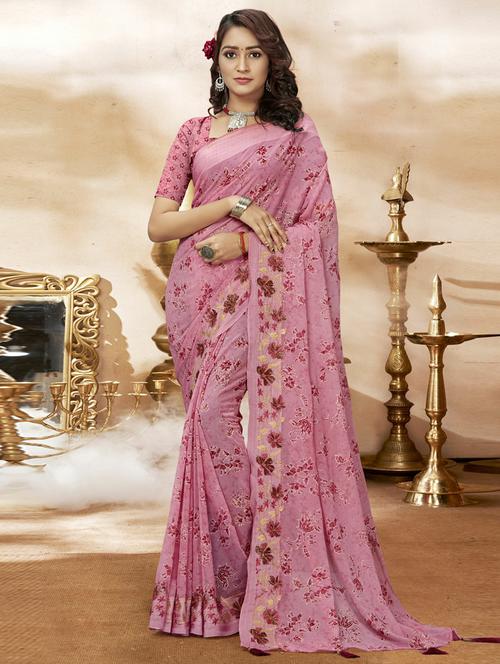 pink georgette printed saree with blouse - 20586175 - Very Small Image - 1