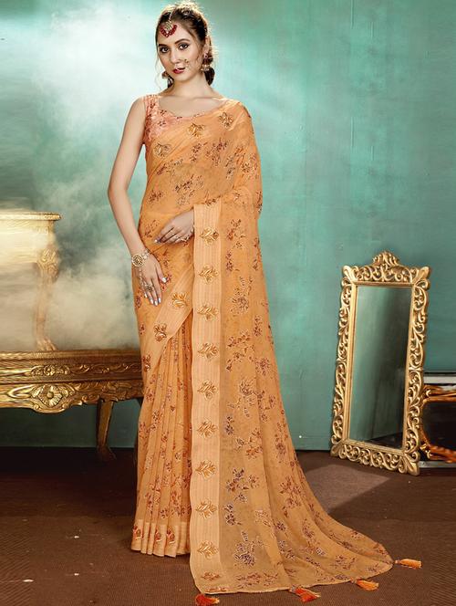 orange georgette printed saree with blouse - 20586177 - Very Small Image - 1