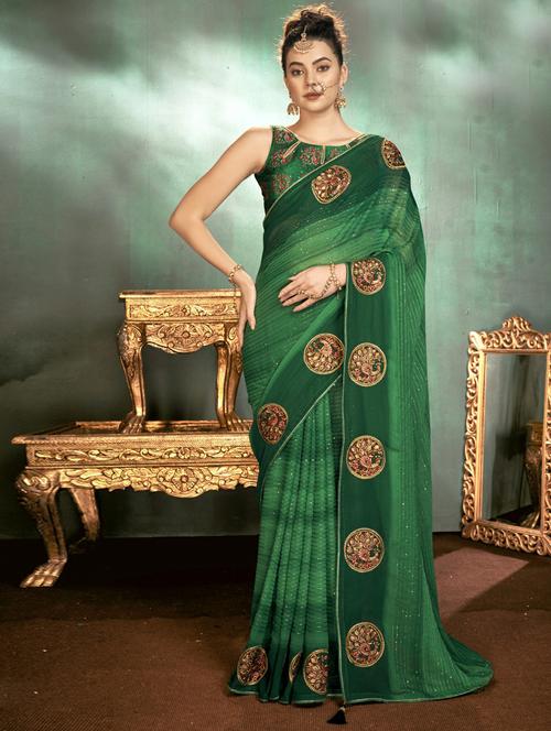 women green sequin work bordered saree with blouse - 20586225 - Very Small Image - 1