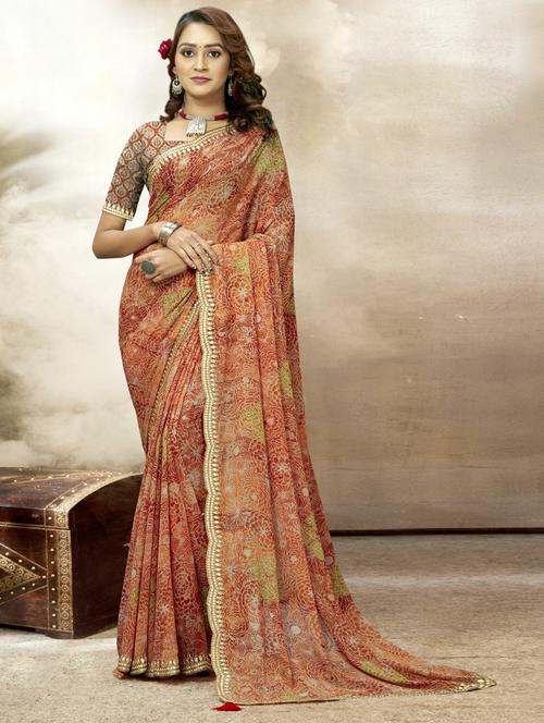 women's floral orange colored saree - 20586311 - Very Small Image - 1