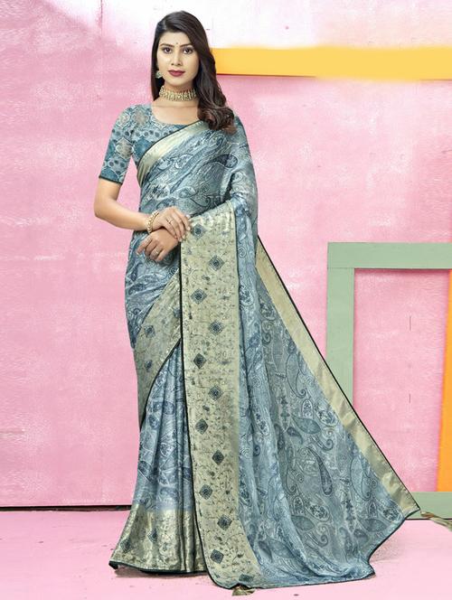 women purist blue paisely printed saree with blouse - 20586315 - Very Small Image - 1