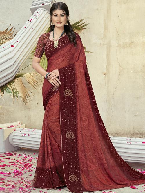women maroon paisely printed saree - 20586333 - Very Small Image - 1